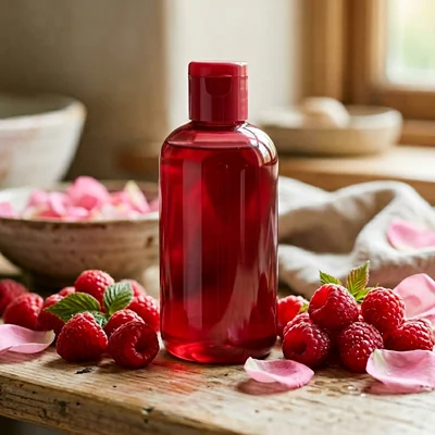 Framboise et bouteille rose